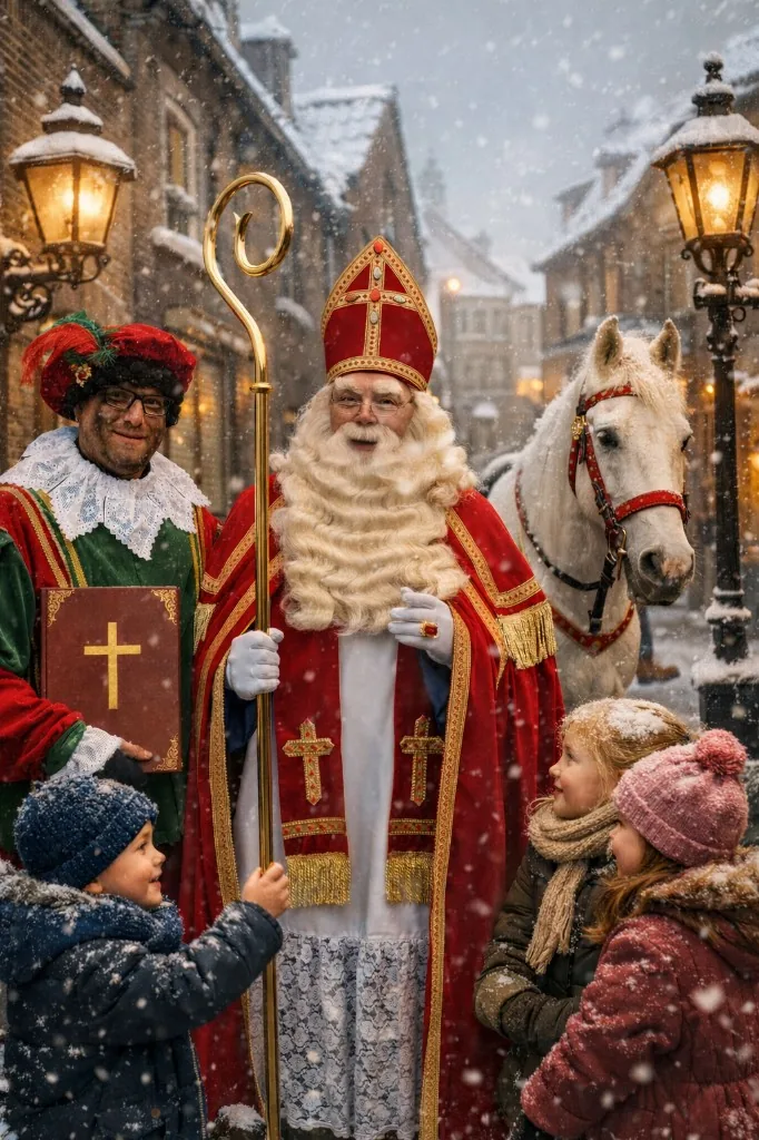 Sinterklaas met paard en Piet in de sneeuw
