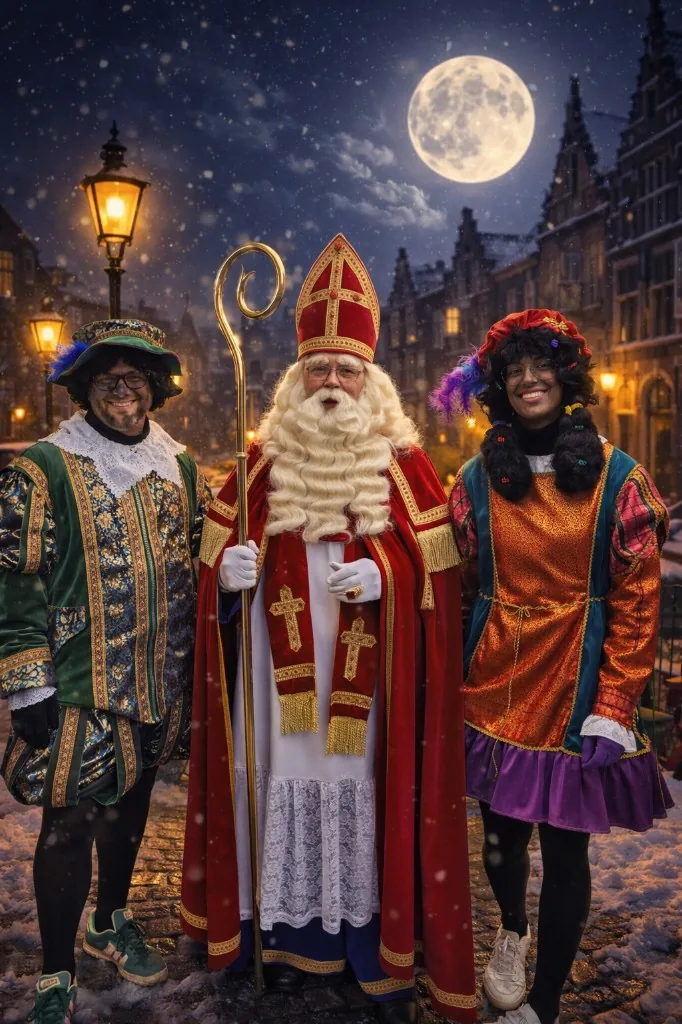 Sinterklaas met twee Pieten in de avond